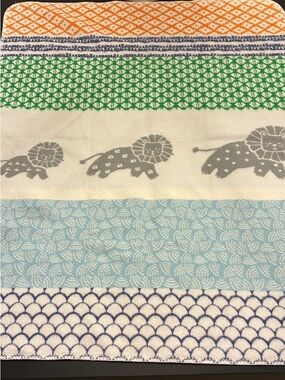 Pottery Barn Striped Multicolor Lion Print Baby Blanket- Green, Gray, Yellow